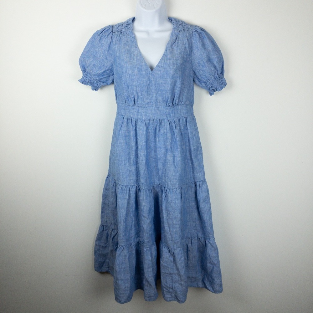 Boden Chambray Anna Linen Tiered Dress Women 6P Blue Smocked Puff Sleeve Midi